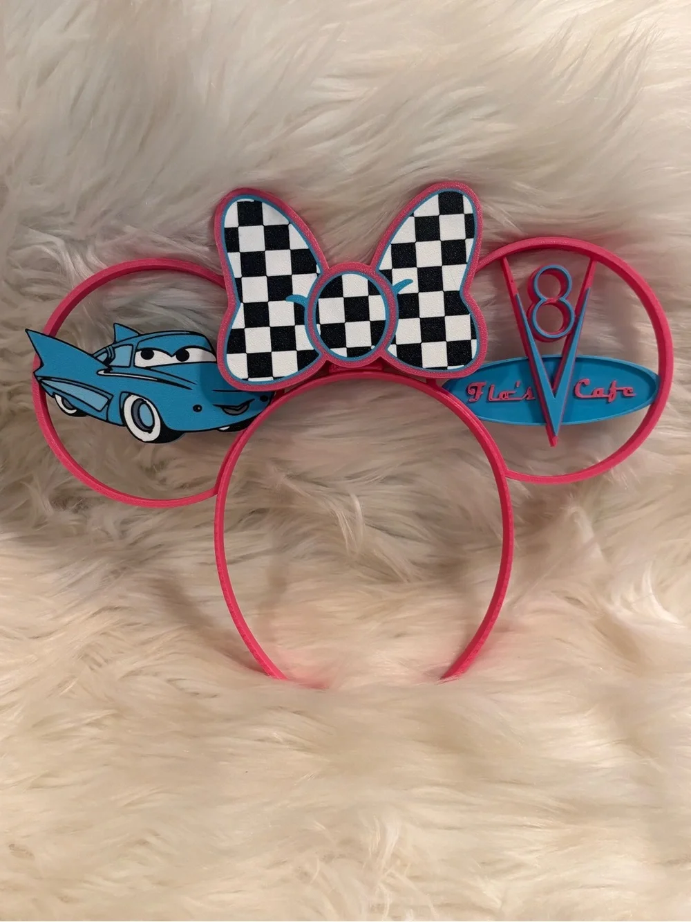 Pink Checkered 3-D Flos Minnie Ears Headband Handcrafted